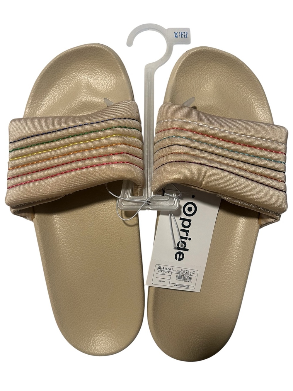 Pride Beige Slide Sandals with Multicolor Stitching, Size L 11/12